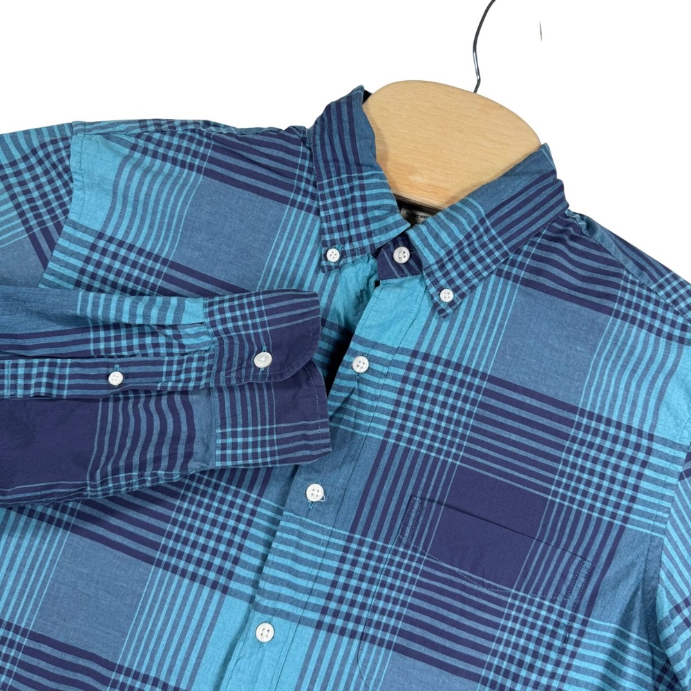 J Crew Shirt Mens M Short Blue Plaid Slim Fit‎ Long Sleeve Button Down Classic